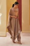 Buy_Priyanka Singh_Beige Silk Embroidery Resham Boat Neck Kaftan Poncho With Salwar  _at_Aza_Fashions