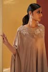 Shop_Priyanka Singh_Beige Silk Embroidery Resham Boat Neck Kaftan Poncho With Salwar  _Online_at_Aza_Fashions