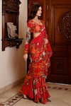 Buy_SANAM_Red Chiffon Floral Patterns Leaf Neck Chloe Ruffled Pre-draped Saree With Blouse _Online_at_Aza_Fashions