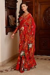 Shop_SANAM_Red Chiffon Floral Patterns Leaf Neck Chloe Ruffled Pre-draped Saree With Blouse _Online_at_Aza_Fashions