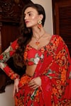 SANAM_Red Chiffon Floral Patterns Leaf Neck Chloe Ruffled Pre-draped Saree With Blouse _at_Aza_Fashions