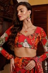 Buy_SANAM_Red Chiffon Floral Patterns Leaf Neck Chloe Ruffled Pre-draped Saree With Blouse 