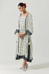 Label Earthen_Ivory Cotton Mul Printed Floral Square Neck Kaftan Dress _Online_at_Aza_Fashions