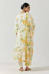 Shop_Label Earthen_Ivory Cotton Mul, Dupatta Organza Silk Printed Floral V Neck Pleated Kurta Set _at_Aza_Fashions