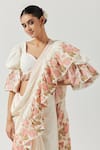 Shop_Label Earthen_Ivory Cotton Mul Printed Floral Sweetheart Neck Ruffle Saree With Blouse _Online_at_Aza_Fashions