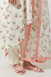 Label Earthen_Ivory Cotton Mul, Dupatta Organza Silk Printed Floral Asymmetric Hem Kurta Set _at_Aza_Fashions