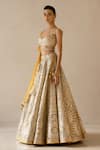 VARUN NIDHIKA_Beige Silk Organza And Indian Tulle Embroidery Hand Charkhi Bridal Lehenga Set _Online_at_Aza_Fashions