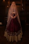 Buy_Amrin Khan_Maroon Net, Velvet Cutdana, Pearl, Zardozi Leaf Embroidered Bridal Lehenga Set _at_Aza_Fashions