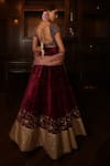 Shop_Amrin Khan_Maroon Net, Velvet Cutdana, Pearl, Zardozi Leaf Embroidered Bridal Lehenga Set _at_Aza_Fashions