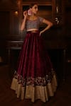 Buy_Amrin Khan_Maroon Net, Velvet Cutdana, Pearl, Zardozi Leaf Embroidered Bridal Lehenga Set _Online_at_Aza_Fashions