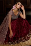 Buy_Amrin Khan_Maroon Net, Velvet Cutdana, Pearl, Zardozi Leaf Embroidered Bridal Lehenga Set 