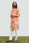 KAKA CALCUTTA_Red Kurta And Bundi  Bam Silk Printed Diamond Set _Online_at_Aza_Fashions