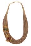 Shop_Joules by Radhika_Beige Synthetic Stone Temple Motif Jute Necklace_at_Aza_Fashions