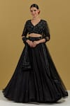 Buy_Ikshita Choudhary_Black Blouse And Dupatta Net Hand Embroidered Floral Patterns & Chita Skirt Set _at_Aza_Fashions