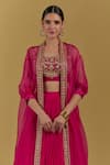 Ikshita Choudhary_Magenta Crepe Hand Embroidered Floral Patterns Crop Top Skirt Set With Cape_Online_at_Aza_Fashions