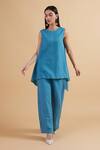 Buy_Kanelle_Blue Cotton, Linen Round Neck Multi-panel Draped Top And Pant Set_at_Aza_Fashions