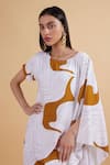 Kanelle_Ivory Cotton Slub Satin Printed Cosmic Asymmetric Draped Tunic And Pant Set _at_Aza_Fashions