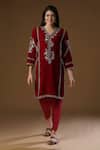 Buy_AHLAM_Maroon Velvet Embroidered Zari V Neck Kurta And Silk Salwar Set _at_Aza_Fashions