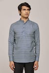 Arihant Rai Sinha_Blue Cotton Printed Waves And Floral Vine Patterns Mandarin Collar Shirt _Online_at_Aza_Fashions