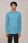 Arihant Rai Sinha_Green Cotton Printed Floral Patterns Mandarin Collar Shirt _Online_at_Aza_Fashions