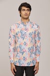 Arihant Rai Sinha_Multi Color Cotton Printed Leaf Patterns Mandarin Collar Shirt _Online_at_Aza_Fashions