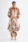 Buy_Rajdeep Ranawat_Brown Silk Printed Abstract Round Aamilah Asymmetric Tunic  _at_Aza_Fashions