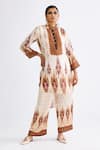 Buy_Rajdeep Ranawat_Brown Silk Printed Abstract Band Collar Baaka High Low Hem Tunic  _at_Aza_Fashions