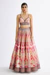 Rajdeep Ranawat_Pink Dupion Printed Abstract Plunge V Neck Skirt Set With Organza Cape  _Online_at_Aza_Fashions