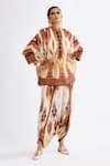 Buy_Rajdeep Ranawat_Brown Silk Printed Abstract Band Collar Chanel Short Tunic  _at_Aza_Fashions