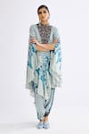 Buy_Rajdeep Ranawat_Blue Silk Bandeau Neck Farah Printed Draped Kaftan _Online_at_Aza_Fashions