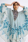 Rajdeep Ranawat_Blue Silk Bandeau Neck Farah Printed Draped Kaftan _at_Aza_Fashions