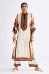 Buy_Rajdeep Ranawat_Brown Satin Printed Geometric Permaz Pant  _at_Aza_Fashions