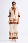 Rajdeep Ranawat_Brown Satin Printed Abstract Permaz Pattern Pant  _Online_at_Aza_Fashions