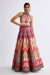 Rajdeep Ranawat_Pink Satin Print Abstract Halter Neck Leela Lehenga And Cape Set  _Online_at_Aza_Fashions