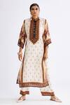 Rajdeep Ranawat_Brown Silk Printed Geometric Band Collar Ghazala Tunic  _at_Aza_Fashions