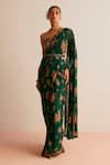 Buy_Kalista_Green Blouse Viscose Silk Printed Floral Adira Pre-draped Saree With_at_Aza_Fashions