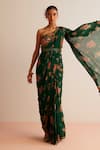 Buy_Kalista_Green Blouse Viscose Silk Printed Floral Adira Pre-draped Saree With_Online_at_Aza_Fashions
