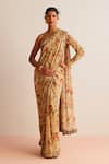 Buy_Kalista_Beige Blouse Viscose Silk Printed Floral Lavanya Flower Pre-draped Saree With _at_Aza_Fashions