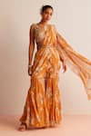 Kalista_Orange Blouse Viscose Silk Printed Floral Plunge V Kayra Gharara Saree With_Online_at_Aza_Fashions
