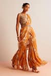 Buy_Kalista_Orange Blouse Viscose Silk Printed Floral Plunge V Kayra Gharara Saree With_Online_at_Aza_Fashions