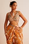 Shop_Kalista_Orange Blouse Viscose Silk Printed Floral Plunge V Kayra Gharara Saree With_Online_at_Aza_Fashions