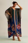 Buy_Kalista_Blue Natural Crepe Printed Floral V Neck Nayra Ombre Kaftan _at_Aza_Fashions