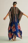 Shop_Kalista_Blue Natural Crepe Printed Floral V Neck Nayra Ombre Kaftan _at_Aza_Fashions