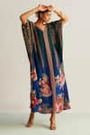 Kalista_Blue Natural Crepe Printed Floral V Neck Nayra Ombre Kaftan _Online_at_Aza_Fashions