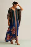 Buy_Kalista_Blue Natural Crepe Printed Floral V Neck Nayra Ombre Kaftan _Online_at_Aza_Fashions