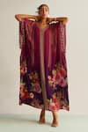 Buy_Kalista_Wine Natural Crepe Printed Floral V Neck Nayra Flower Kaftan _at_Aza_Fashions