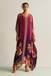 Kalista_Wine Natural Crepe Printed Floral V Neck Nayra Flower Kaftan _Online_at_Aza_Fashions