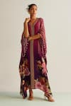 Buy_Kalista_Wine Natural Crepe Printed Floral V Neck Nayra Flower Kaftan _Online_at_Aza_Fashions