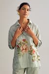 Kalista_Blue Viscose Slub Hand Painted Floral Emilia Print Shirt Tunic And Pant Set _Online_at_Aza_Fashions