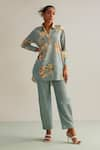 Buy_Kalista_Blue Viscose Slub Hand Painted Floral Spread Luna Print Shirt Tunic And Pant Set _at_Aza_Fashions